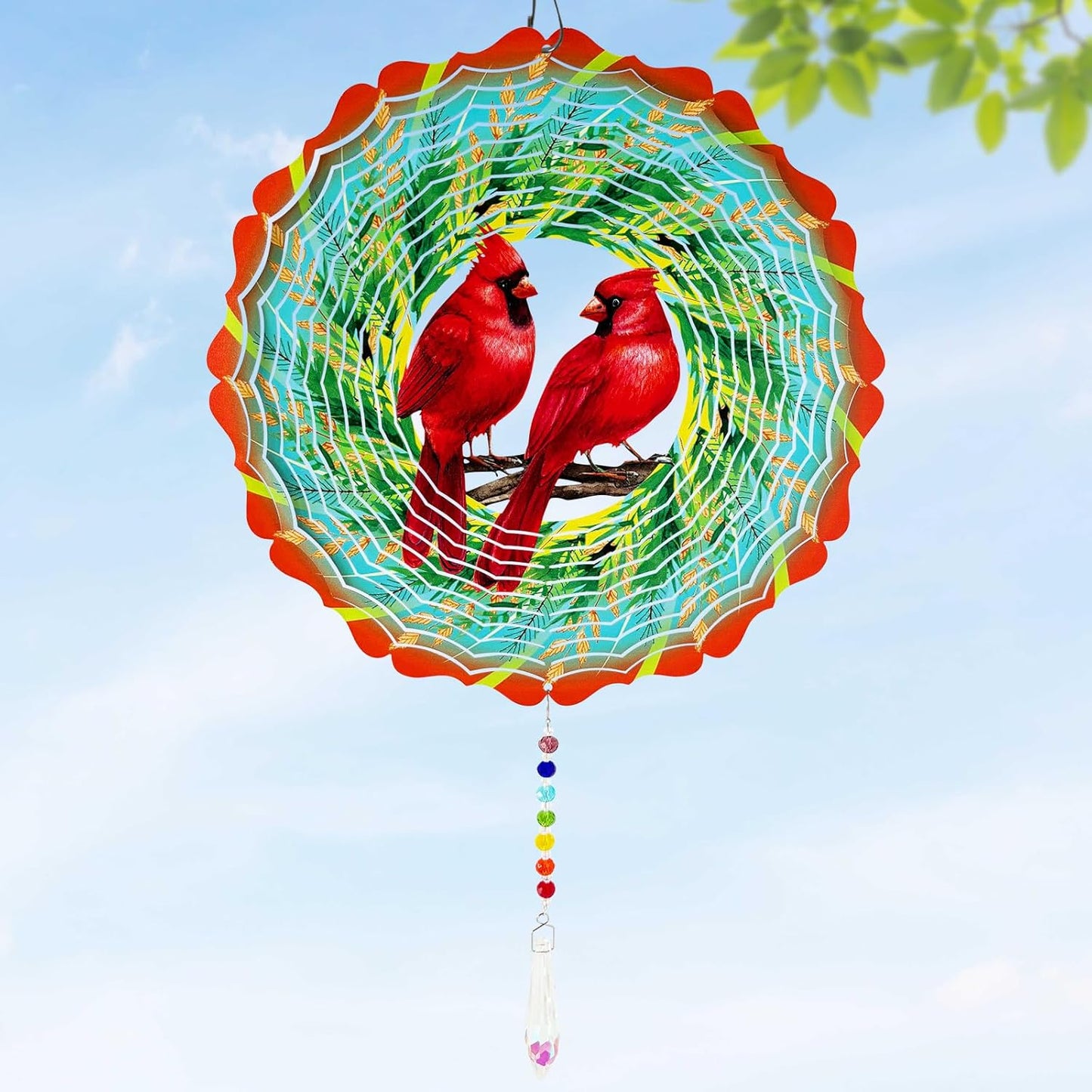 Cardinal Wind Spinner Crystal Tail, Marzovitra 10 inch 3D Stainless Steel Hanging Wind Spinner Metal Wind Catchers Kinetic Sculpture for Indoor,Outdoor Garden Decor,Yard Art