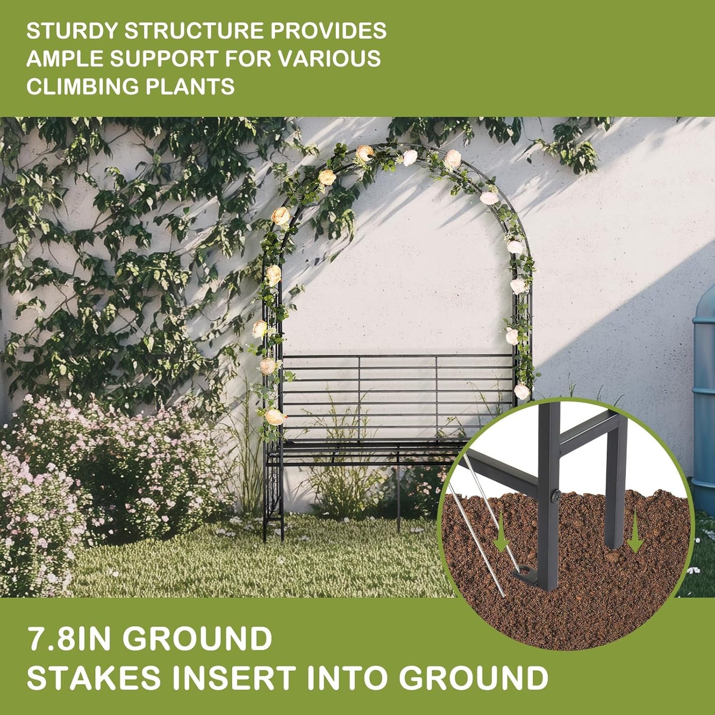 Outvita 7FT Garden Arch Arbor with Seating, Heavy Duty Metal Arbour Archway, Decorative Frame Stand Trellis for Wedding Ceremony Party Plant Climbing Rose Vines Lawn