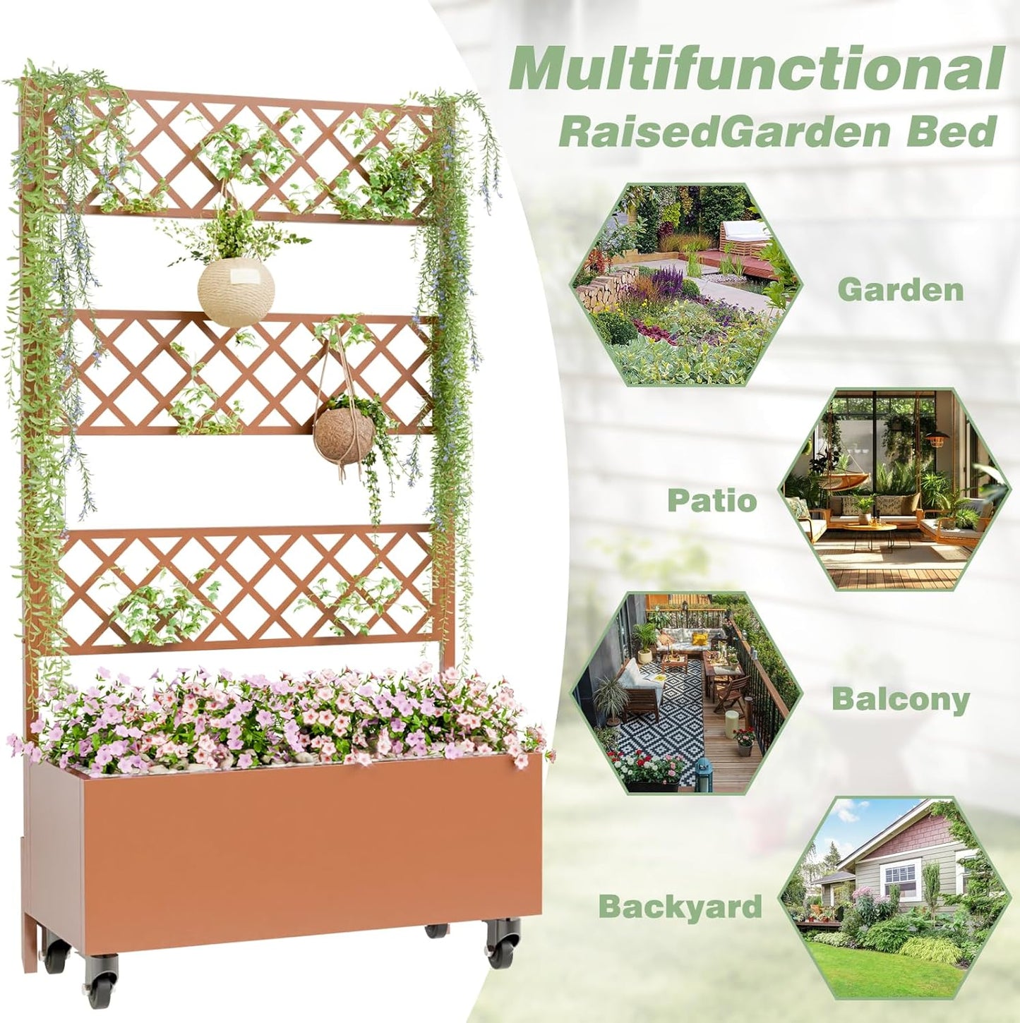 Kinchox Metal Raised Garden Bed with Trellis Outdoor Metal Planter Box with Planting Pockets Garden Box for Climbing Plants Privacy Planters for Patio