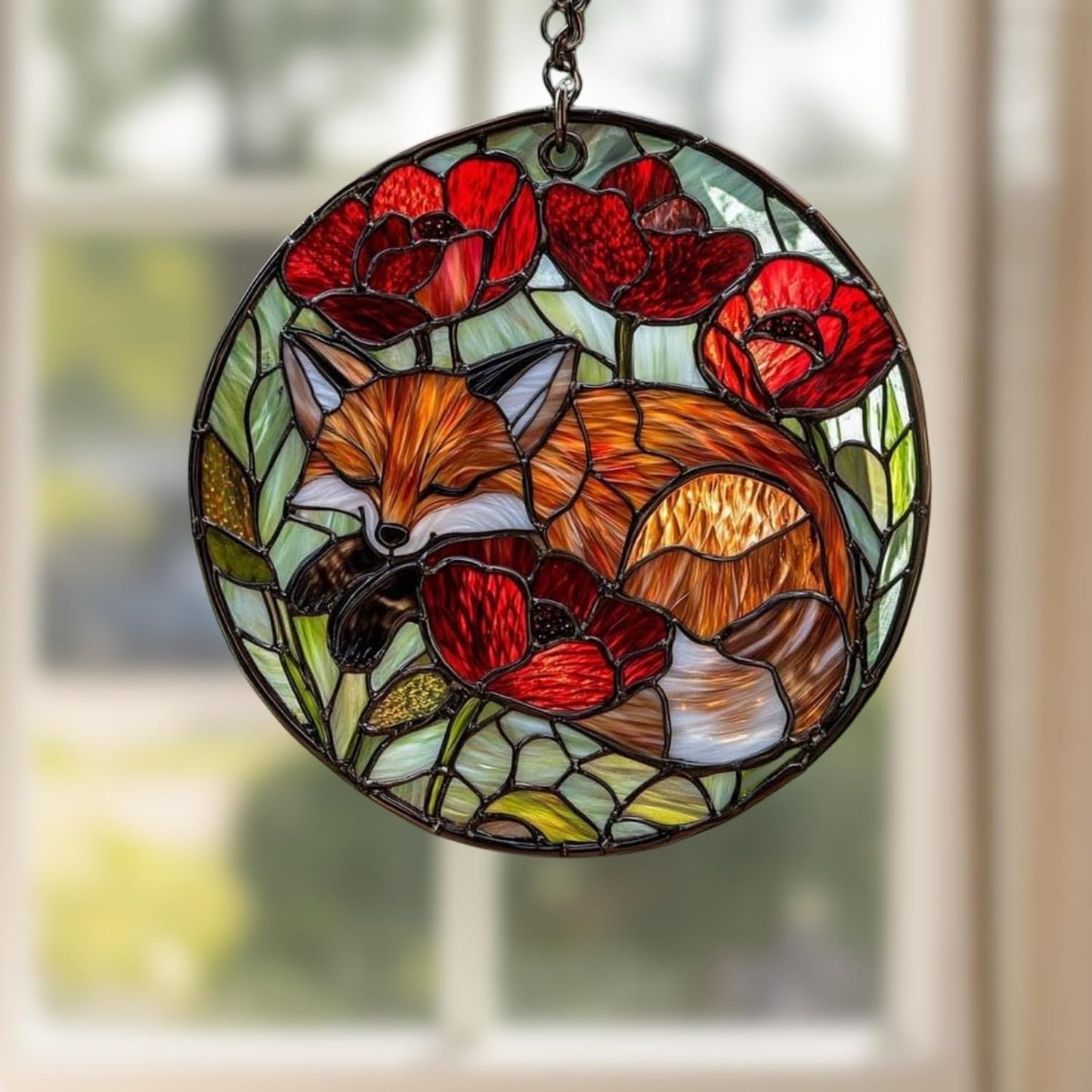 Fox Poppies Flower Acrylic Suncatcher Stained Glass Effect Window Car Hanging Christmas Ornament Indoor Outdoor Decor Garden Sun Catcher Panel Gifts for Fox Lover for Women Mom Grandma