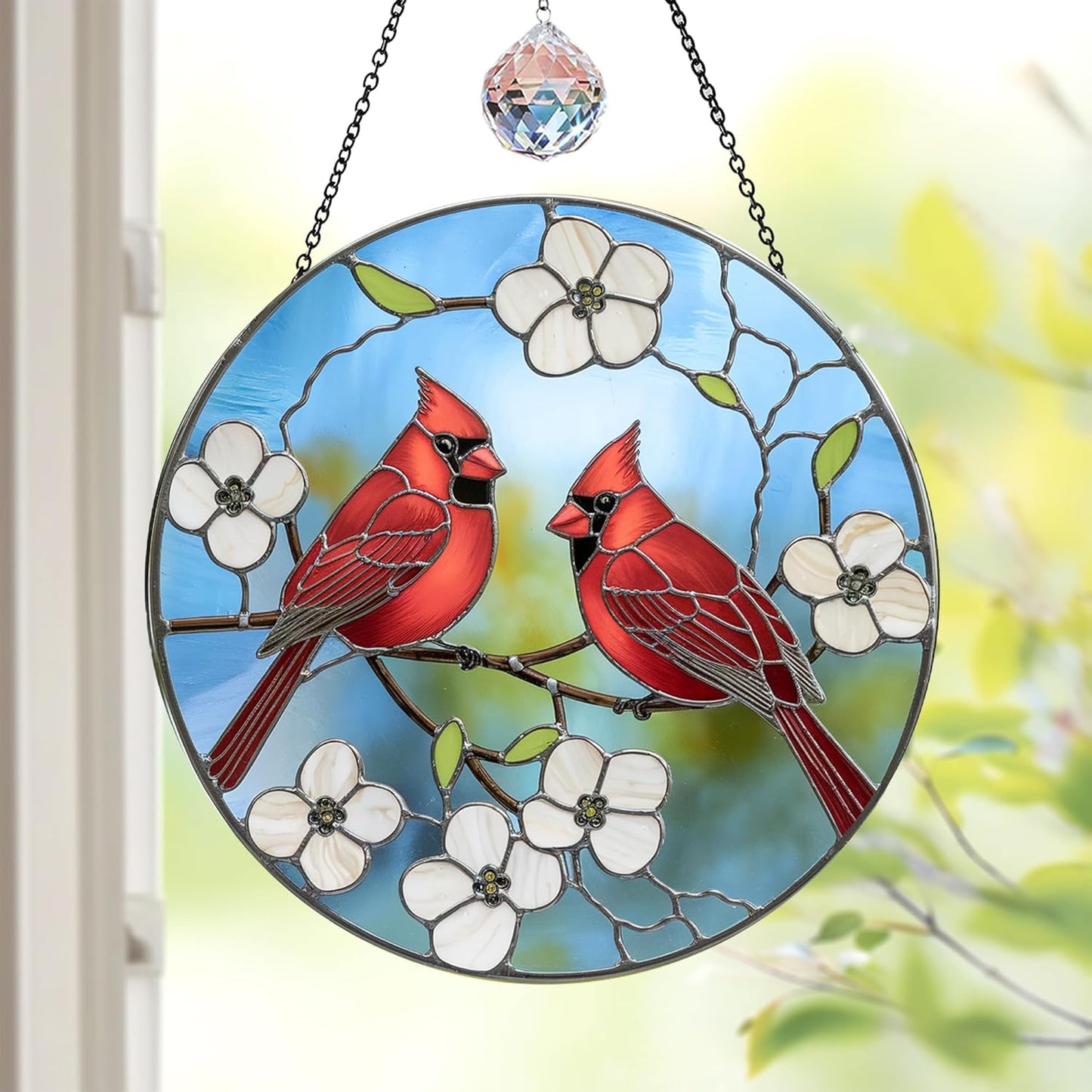 7.8" Cardinal Bird Stained Glass Suncatchers Art Glass Red Birds and Flowers for Sun Catcher Indoor Window Gifts for Nature Floral Bird Lovers Memorial Gift for Women Painted Panel Décor BIRD-37B-SG8