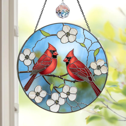 7.8" Cardinal Bird Stained Glass Suncatchers Art Glass Red Birds and Flowers for Sun Catcher Indoor Window Gifts for Nature Floral Bird Lovers Memorial Gift for Women Painted Panel Décor BIRD-37B-SG8