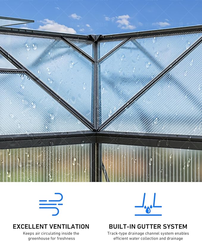 T-Shape Greenhouses, Polycarbonate Green House with UV Protection, Heavy Duty Greenhouse with Windproof Aluminum Frame, Roof Vent & Quick-Install Design for Backyard or Garden Use