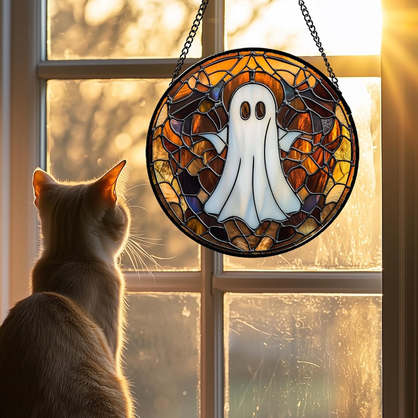 Stained Glass Window Hanging Halloween White Horror Ghost Large 15" - Suncatcher Door Garden Kitchen Sun Catcher Home Gothic Decor Birthday for Mom Men Woman Friend Grandma