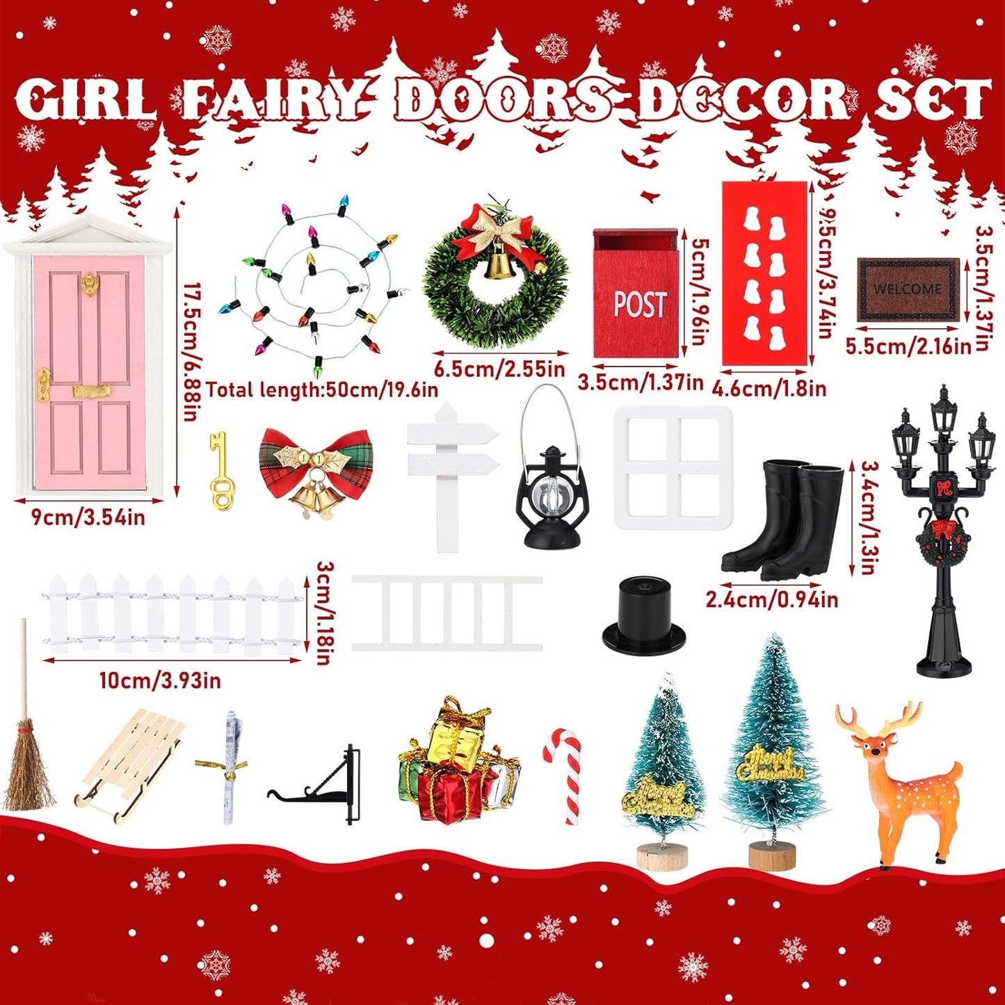 Shappy 39 Pcs Christmas Fairy Door Kit Wooden Elf Fairy Doors Decorations with Accessories Mini Door Tiny Miniature for Christmas Tale DIY Craft Garden Home Party Decoration (Pink)