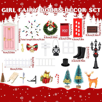 Shappy 39 Pcs Christmas Fairy Door Kit Wooden Elf Fairy Doors Decorations with Accessories Mini Door Tiny Miniature for Christmas Tale DIY Craft Garden Home Party Decoration (Pink)