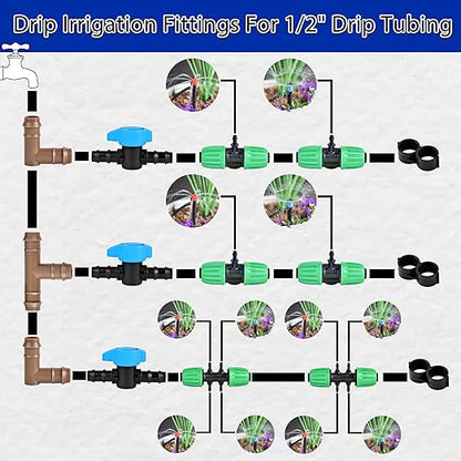 Drip Irrigation Fittings Kit,Irrigation Barbed Connectors for 1/2" Drip Tubing, Drip Line Parts - 6 Couplings, 6 Tees, 6 Elbows, 6 End Clamps, 2 Switch Valves