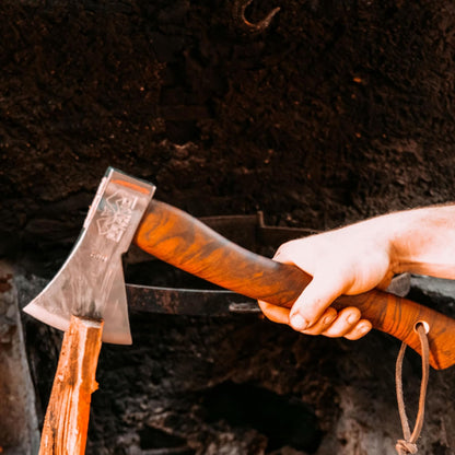 Prandi Axes German C45 Forged Carbon Steel Hatchet - Briar Hickory Handle with Leather String - Ideal for Camping, Travel and Bushcraft - 14" L x 6" W, 600g Polished Head 3.003.06.AH - No Sheath