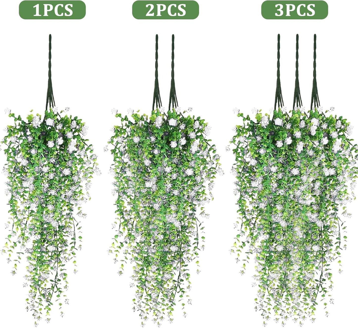 Artificial Hanging Flowers, 3 Pcs Fake Hanging Plants Artificial Vines for Outdoors, Fake Ivy Vine UV Resistant No Fade Faux Plants for Indoor Outside Garden Patio Yard Greenery Decoration (White)