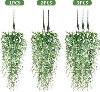 Artificial Hanging Flowers, 3 Pcs Fake Hanging Plants Artificial Vines for Outdoors, Fake Ivy Vine UV Resistant No Fade Faux Plants for Indoor Outside Garden Patio Yard Greenery Decoration (White)