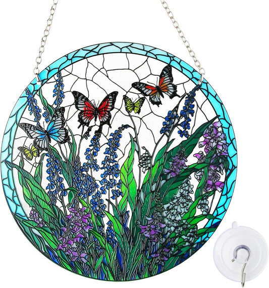 Stained Glass Window Hanging, Hand-Painted Butterfly and Flowers Suncatcher, 6 Inch Round Glass