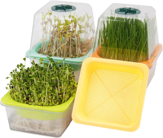 4 Pack Microgreen Growing Trays, Sprouting Tray with Humidity Dome, 1.2 mm Small Mesh Holes, BPA