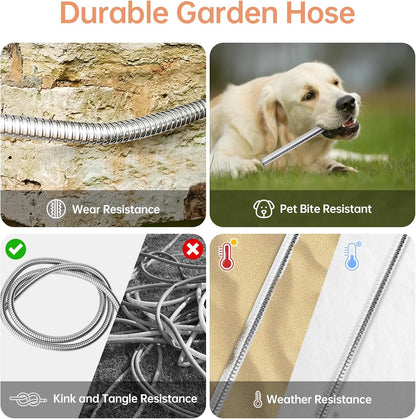 Stainless Steel Garden Hose 50 ft Heavy Duty Metal Water Hoses with 10 Function Water Hose Nozzles for Yard Outdoor
