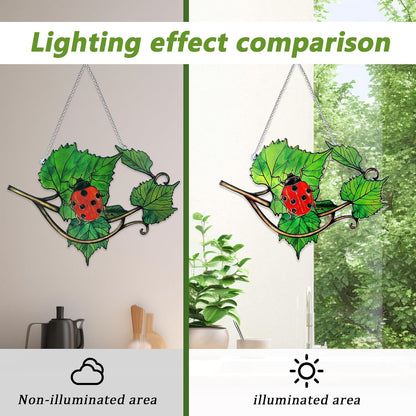 Stained Glass Suncatcher Window Hanging, Ladybug Sun Catchers Indoor Window, Green Leaves and Ladybug Suncatchers for Garden/Porch/Patio Decor, Bug Lovers Gifts Unique