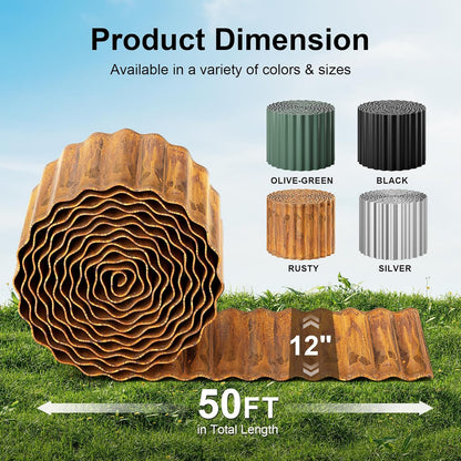 Land Guard Corrugated Garden Edging Border, 12" x 50' Landscape Paver Edging, Tall Landscape Edging, Fence for Garden, Flower Bed, Lawn and Landscape Edging (Rusty)