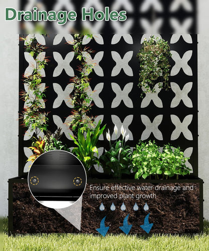 Metal Planter Box with Trellis,70.9"x47.2"x15.7" Raised Garden Bed with Drainage Holes, Privacy Planters for Outdoor Garden Bed for Climbing Plants,Vegetables,and Vines, Black-X