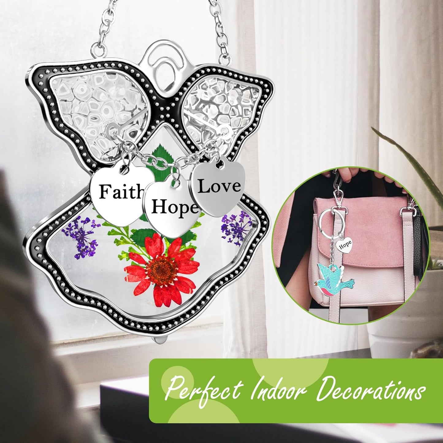 KY&BOSAM Angel Suncatcher Faith Hope Love Stained Glass for Windows Hangings Wind Chimes with Pressed Real Flowers and Heart Charm Engraved Birthday Gifts for Mom Mother`s Day Birthday