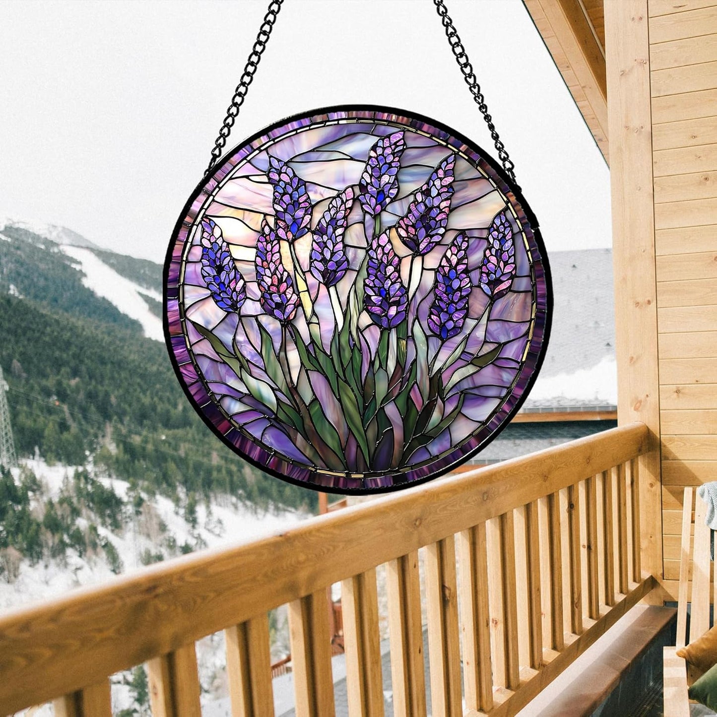 Stained Glass Window Hanging - Purple Flowers Suncatcher for Door Terrace Garden Home Decor Lavender Plant Floral Sun Catcher Birthday Gifts for Lovers Women Men Dad Mom Nana 7.8 in