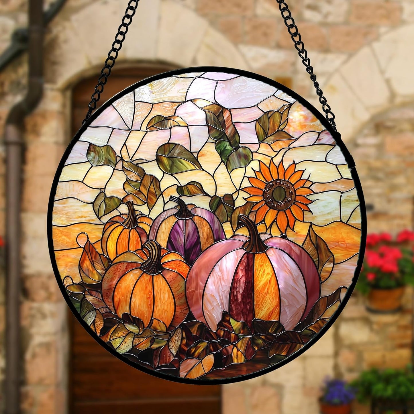 Stained Glass Window Hanging, Pumpkin Sunflower Suncatcher Diamond Glass Panel Sun Catchers Decor for Birthday for Women, Men, Wife, Aunt, and Mom 6.3 in