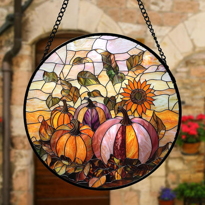 Stained Glass Window Hanging, Pumpkin Sunflower Suncatcher Diamond Glass Panel Sun Catchers Decor for Birthday for Women, Men, Wife, Aunt, and Mom 6.3 in