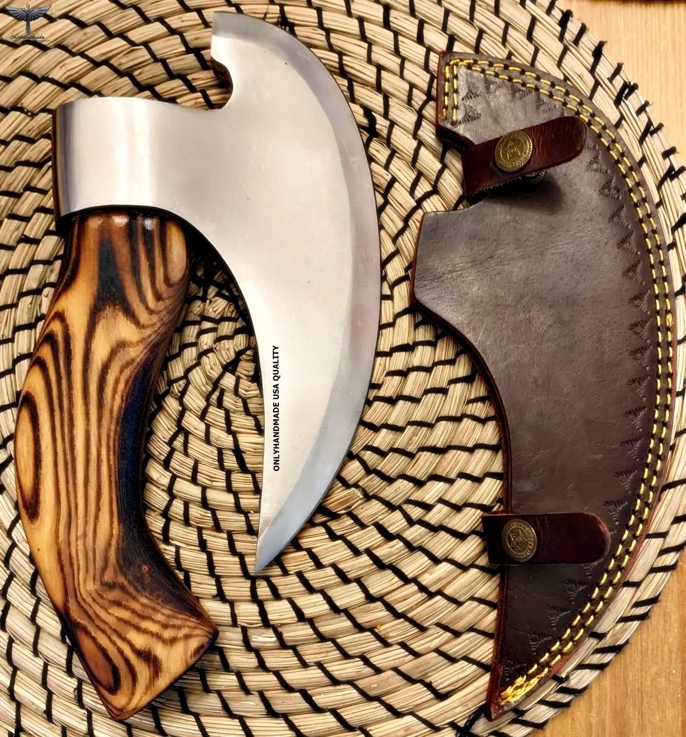 Viking Axe, Viking Hatchet Custom Handmade Pizza Cutting Axe with Leather Sheath, Meat Cutting Axe Personalized Gifts, Gifts for Him, in USA (Cognac)