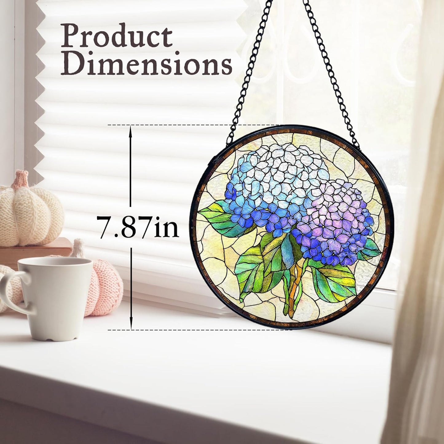 kdqua Hydrangea Flower Suncatcher Stained Glass Window Hanging, Blue Hydrangea Sun Catchers Indoor Window Glass Round Wall Decor, Floral Wall Art Hanging Decorations Statues, 7.9x7.9in