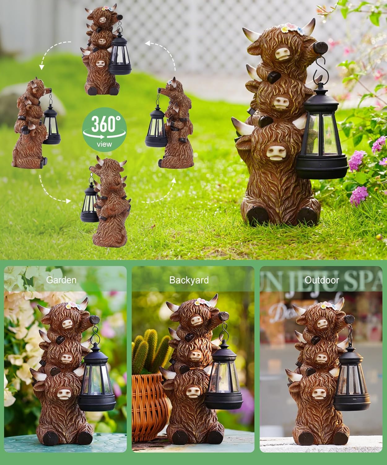 Solar Highland Cow Outdoor Decor:Garden Statue Outside Lantern Ornaments for Yard Lawn Patio Porch- Unique Gifts for Mom Women Grandma(Brown)