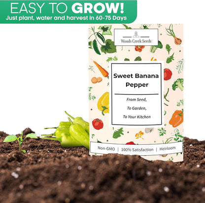 Woods Creek Seeds: Sweet Banana Pepper Seeds for Planting - Non-GMO Yellow Peppers, Mild and Crisp - Heirloom Sweet Pepper Seeds for Planting - High-Yield Seed Pack for Home Gardening