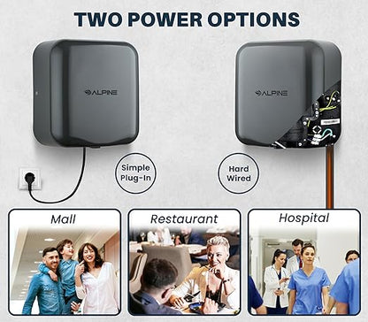 Alpine Automatic Hand Dryers for Bathrooms Commercial High Speed 110-120V Stainless Steel Electric Hand Dryer, Plug In & Hardwire Options with Air Filter, ADA & UL Compliant & 5 Years Coverage (Grey)