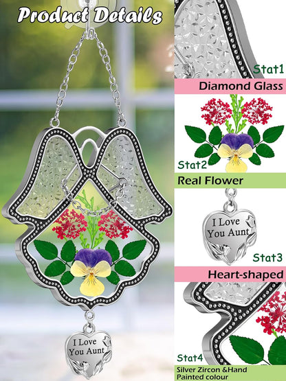 KY&BOSAM Angel Suncatcher I Love You Aunt Stained Glass Panels for Windows Wind Chime with Pressed Flower Glass with Metal Trim Heart Charm Birthdays Gifts for Women Aunt Gift Mothers Day Garden Decor