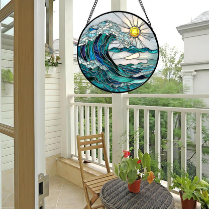 Stained Glass Window Hanging - Blue Green Waves Suncatcher for Door Terrace Garden Home Decor Sunrise Over The Sea Sun Catcher Birthday Gifts for Lovers Women Men Dad Mom Nana 9.8 in