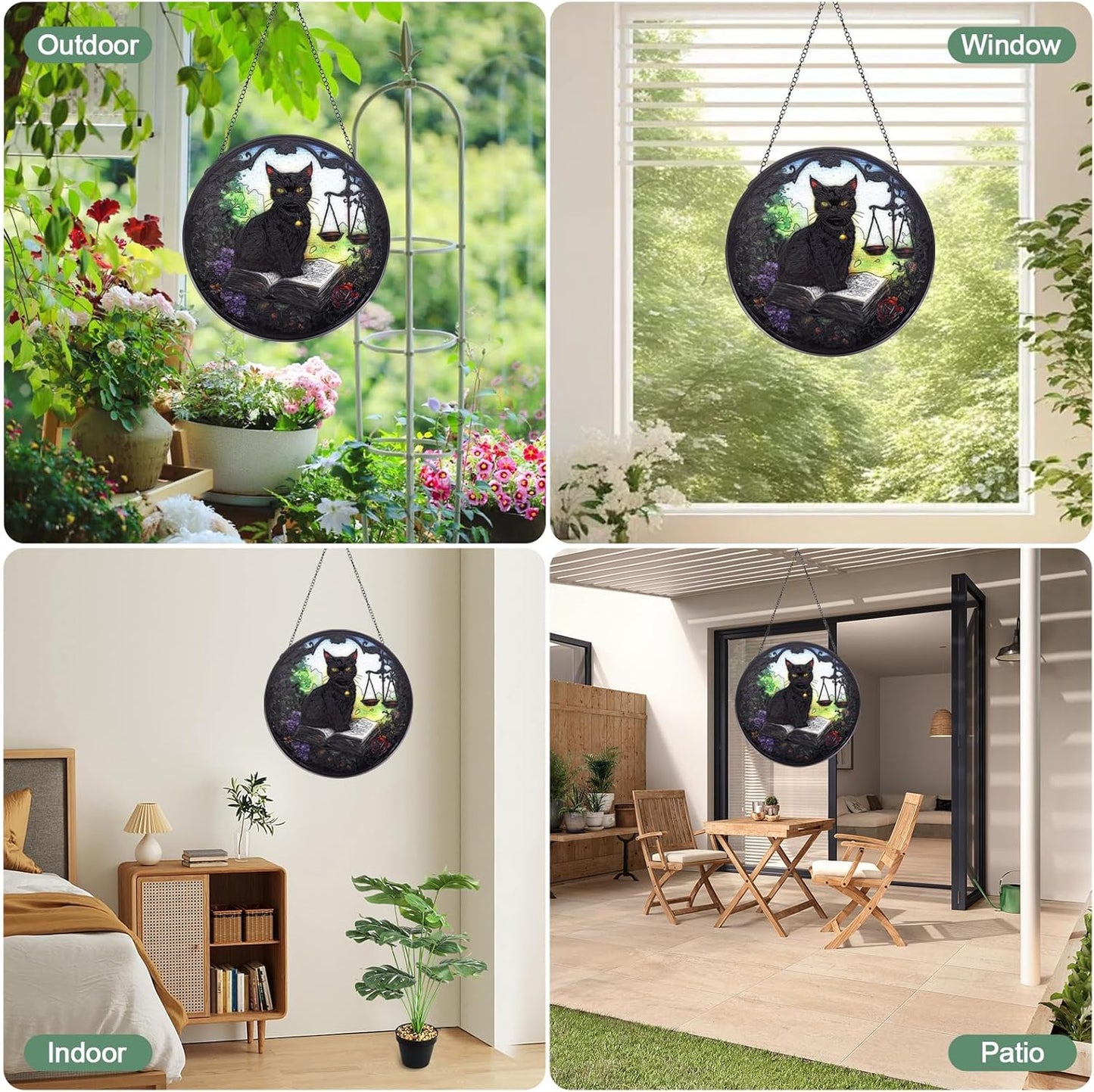 Black Cat Handmade Stained Glass Window Hanging Suncatcher with Chain - 7.9" Outdoor/Indoor Art Decor for Home Garden, Wedding, Mother's, Valentine's & Christmas Ornaments Present