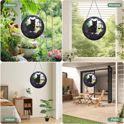 Black Cat Handmade Stained Glass Window Hanging Suncatcher with Chain - 7.9" Outdoor/Indoor Art Decor for Home Garden, Wedding, Mother's, Valentine's & Christmas Ornaments Present