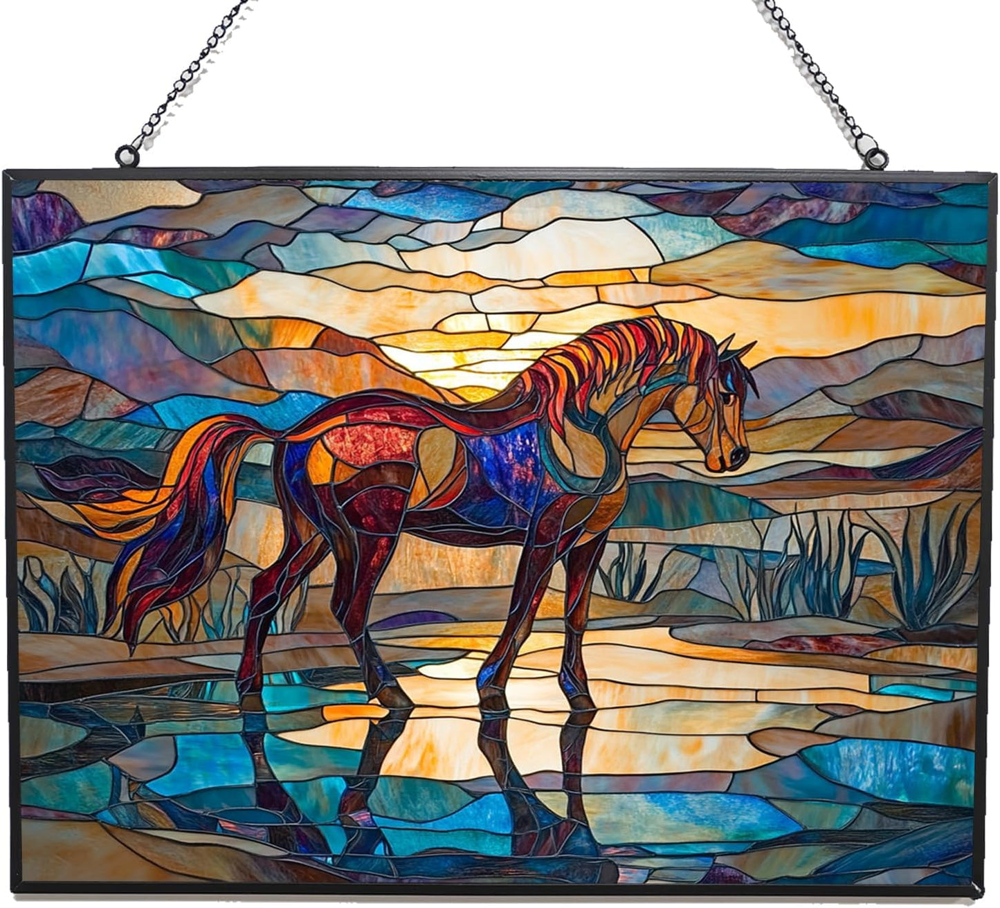 Rectangle Art Nouveau Wild Horse Oasis Stained Glass Window Hanging Customized Suncatcher Glass Panel with Metal Chain Sun Catchers Wall Art Home Decor Gift for Women Mothers Day