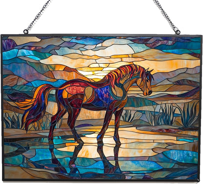 Rectangle Art Nouveau Wild Horse Oasis Stained Glass Window Hanging Customized Suncatcher Glass Panel with Metal Chain Sun Catchers Wall Art Home Decor Gift for Women Mothers Day