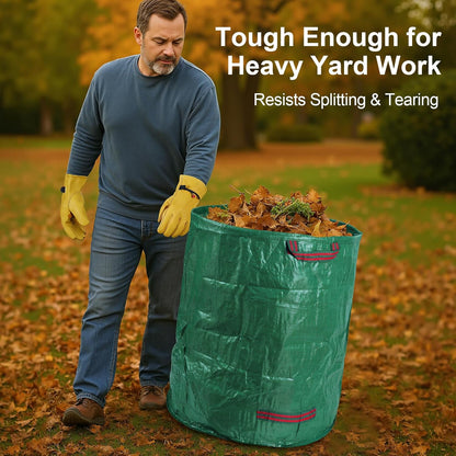 3-Pack 72 Gallon Self-Standing Yard Waste Bags with Cowhide Gloves — Heavy-Duty 150 GSM Woven PE, Double-Layer Reinforced Bottom, Four Handles, Reusable Leaf Bags for Lawn & Garden