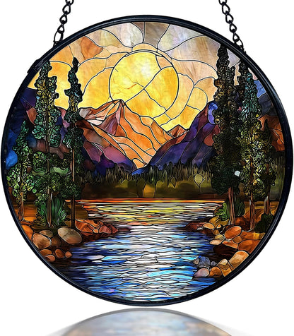 kdqua Mountain Suncatcher Stained Glass Window Hanging, Nature Sunset River Landscape Sun Catchers Indoor Window Glass Round Wall Decor, Mountain Wall Art Hanging Decorations Statues, 7.9x7.9in