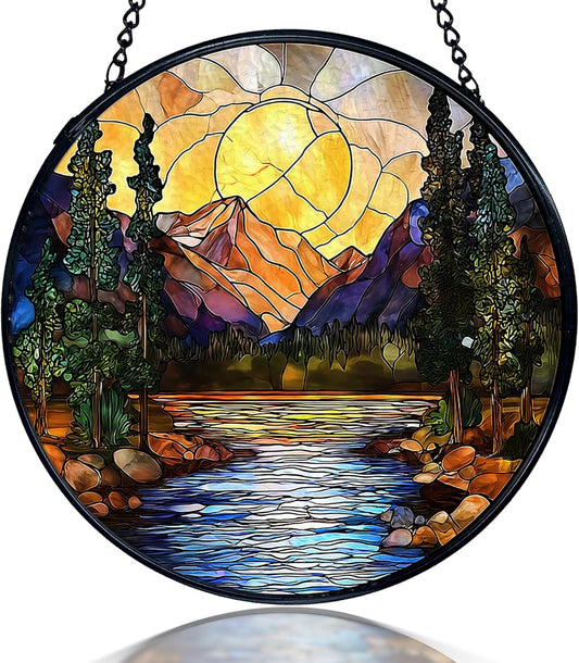 kdqua Mountain Suncatcher Stained Glass Window Hanging, Nature Sunset River Landscape Sun Catchers