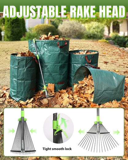 Joyhalo 63.4 Inch Rake for Leaves with 40 Gallon Dustpan-Typ Leaf Bags, Adjustable 18 Tines Metal Leaf Rake Set for Gardening Lawns Yard Outdoor Camping Shrub Grass Bush Grass Clippings
