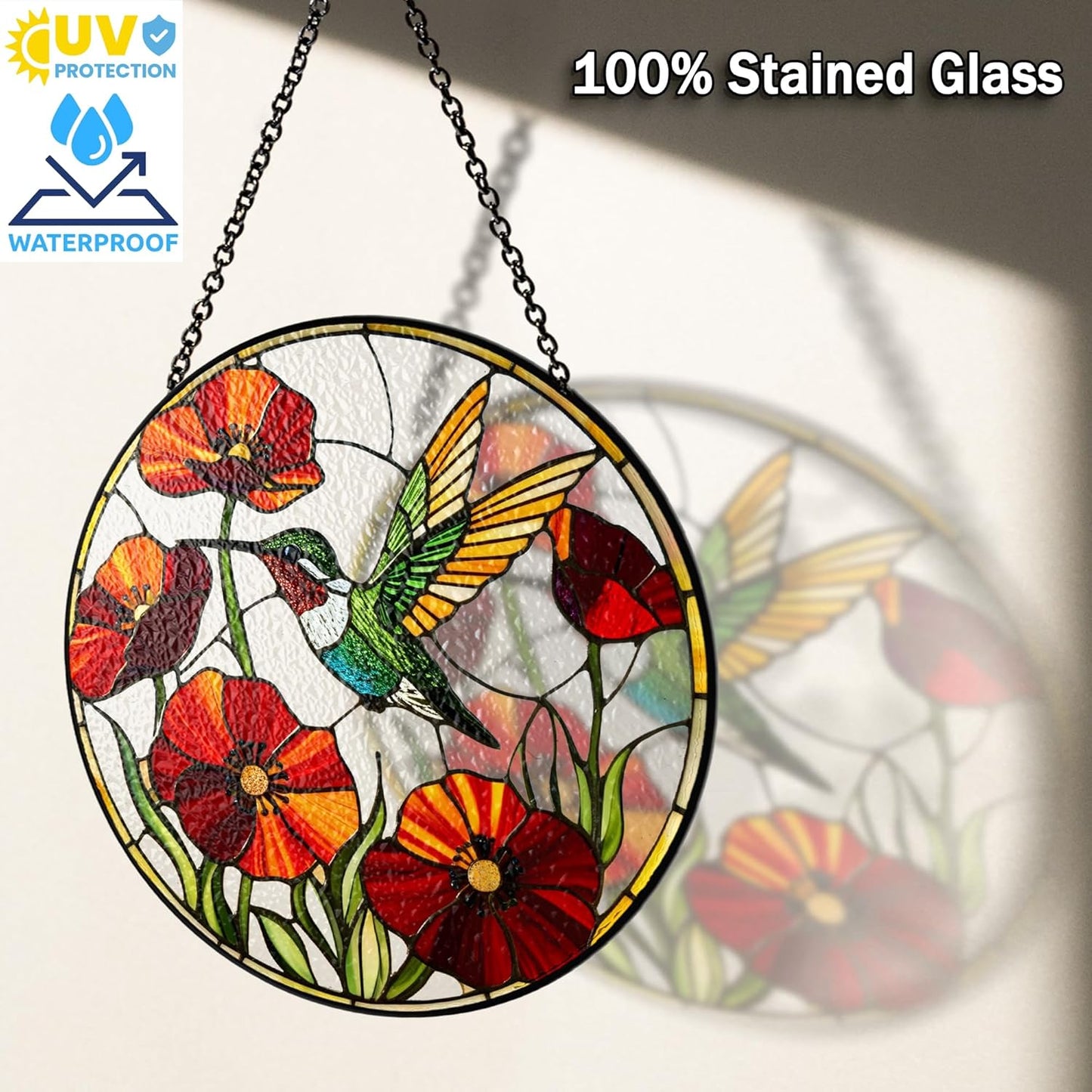 7.8" Hummingbird Stained Glass Suncatcher, Bird Suncatcher for Window Hanging, Sun Catcher Art Decor for Home Garden Housewarming, Gift for Mom, Grandma, Women, Friend, Bird Lover BIRD-30B-SG8