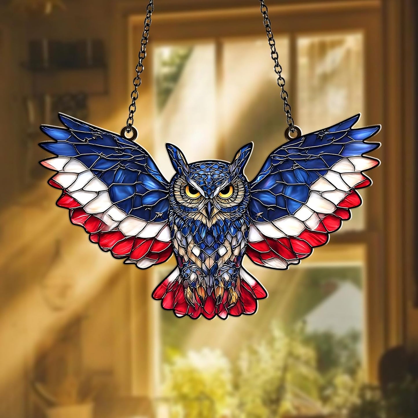 American Flag Owl Suncatcher – Acrylic Suncatcher Window Hanging – Patriotic Owl Decor for Home, Garden, Office – 4th of July Gifts – Bird Ornament for USA Lovers, Veterans, Nature Fans (Sun-47)
