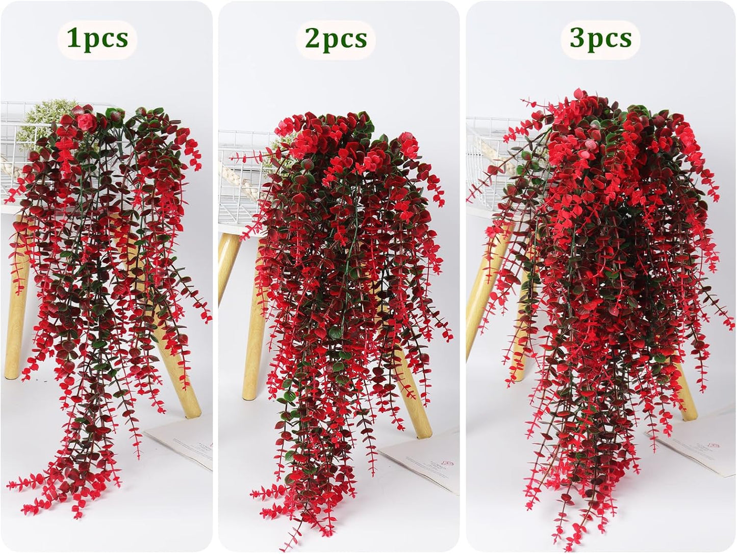 Hanging Artificial Plants Fake Vine Hanging Eucalyptus Leaf Plant Artificial UV Resistant Hanging Green Plant Faux Plants Hanging Wall Decor Outdoor Front Door Yard Garden Porch Decorations(Red)