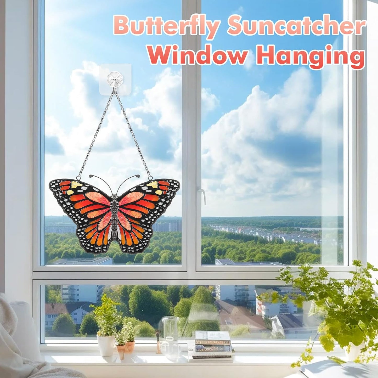 Butterfly Suncatcher Stained Glass Window Hanging Butterfly Ornaments Gift for Mom, Women, Wife, Mother's Day (Orange)