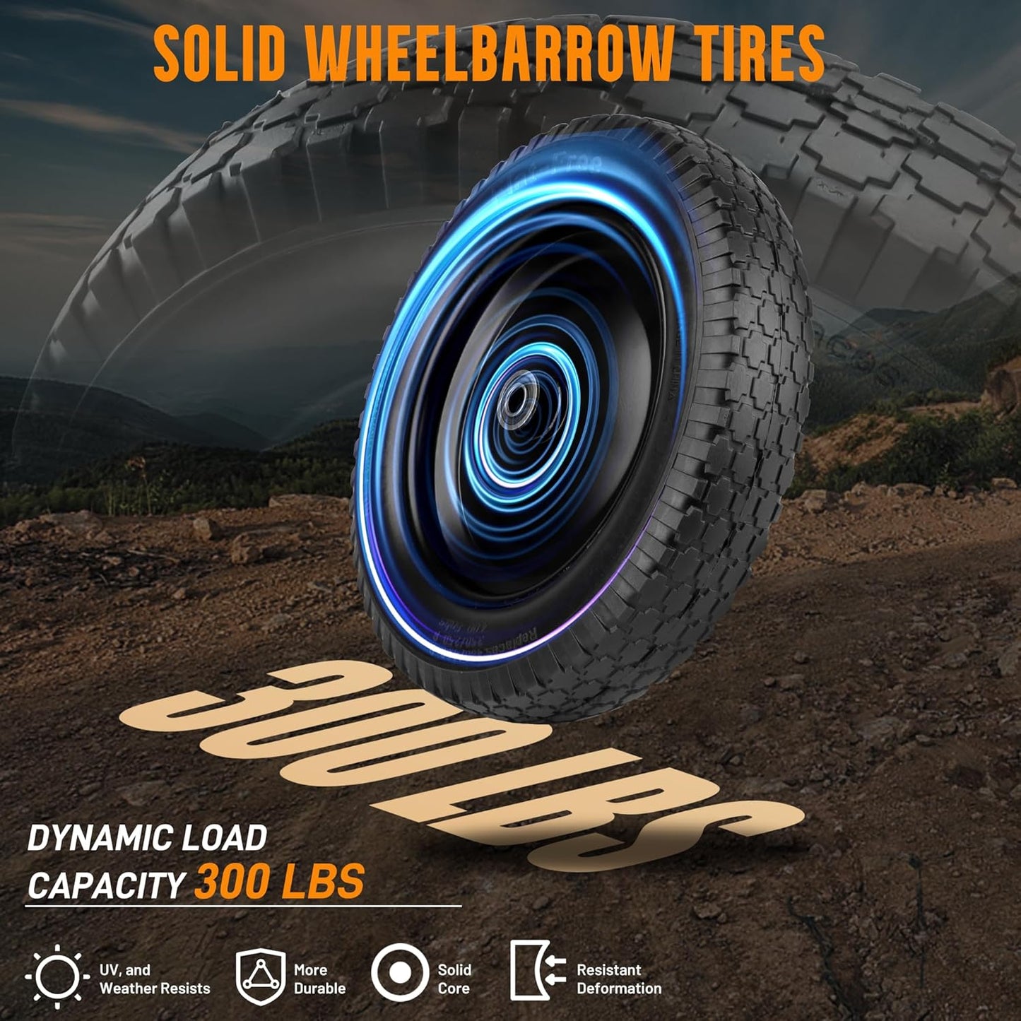 Wheelbarrow Tire 4.80/4.00-8 Flat-Free Tire and Wheel 14.5" Solid Wheelbarrow Tires with 3"-7" Centered Hub and 5/8" & 3/4" Bearings for Hand Truck, Trolley, Garden Cart, Wagons (2 Pack)