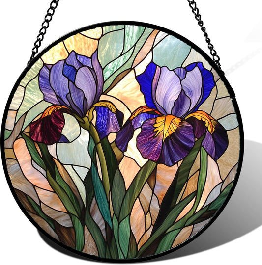 Stained Glass Window Hanging, Purple Blue Iris Birth Flower Suncatcher for Doors Garden Yard Sun