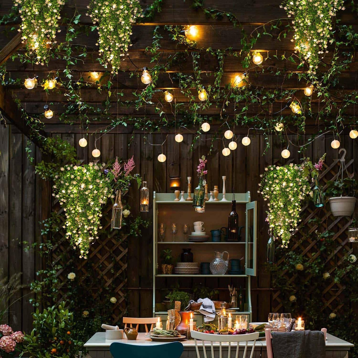 SJL Hanging Faux Plants Indoor 4pcs Fake Flowers Plant Fern with LED Lights Artificial Vines for Outdoors Real Touch Fake Plants All Year Round Eucalyptus Decor for Garden Porch (White)