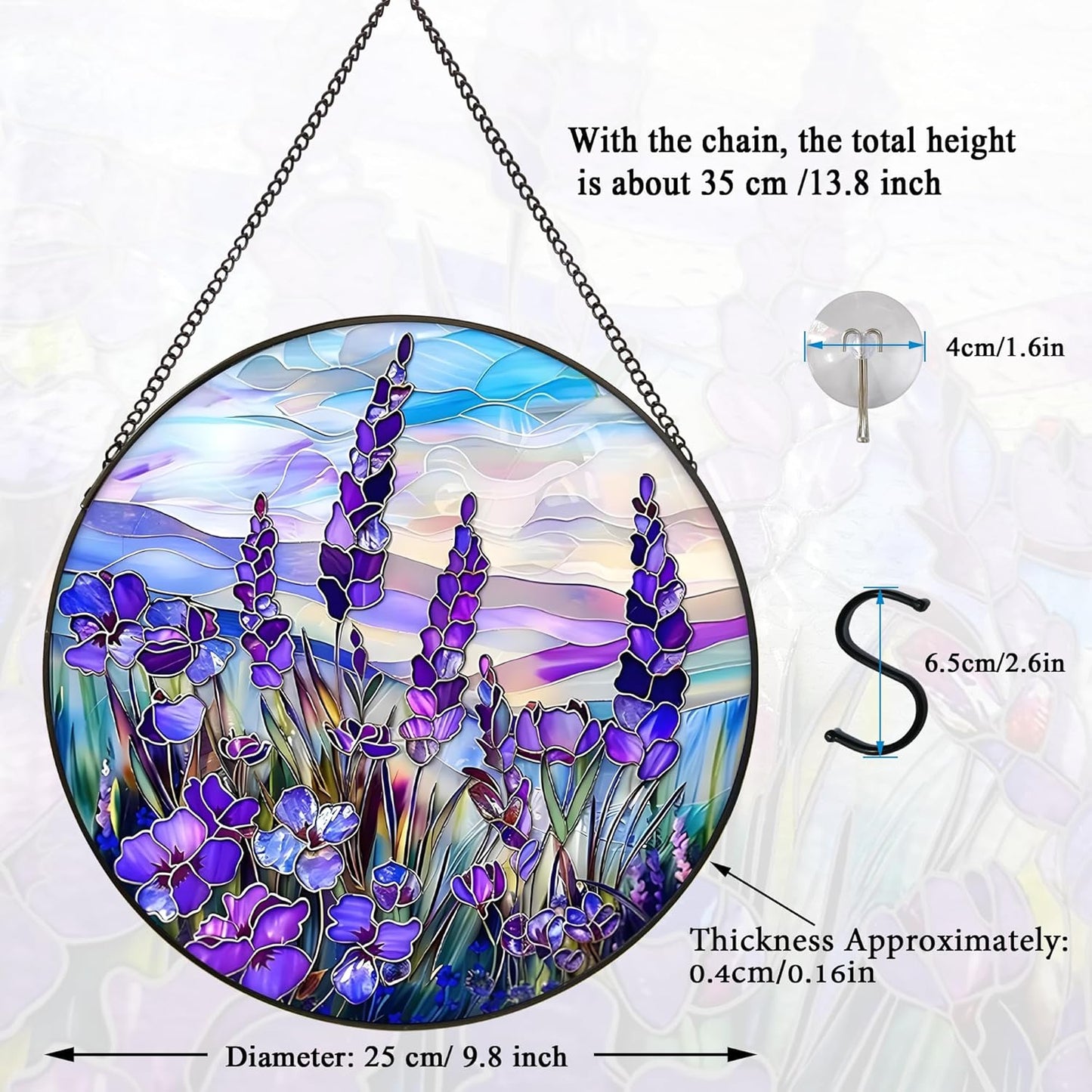 Lavender Suncatcher Hanging Stained Glass Window Decor, 9.8''/25CM Texas Bluebonnet Sun Catcher for Wall Art, Gift for Women