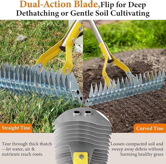 Thatch Rake for Lawns - 15in Dual-Action Dethatching Rake with 70'' Handle, Heavy Duty Manual Dethatcher & Scarifier Tool for Dead Grass,Moss,Weeds,Thatching Remover,Garden Yard Soil LooseningThatcher