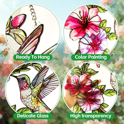 Stained Glass Window Hanging Hummingbird and Flower Suncatcher, Marzovitra 10 Inch Colorful Window Art Bird Sun Catcher for Home Decor, Garden, Patio, Gift for Nature and Bird Lovers