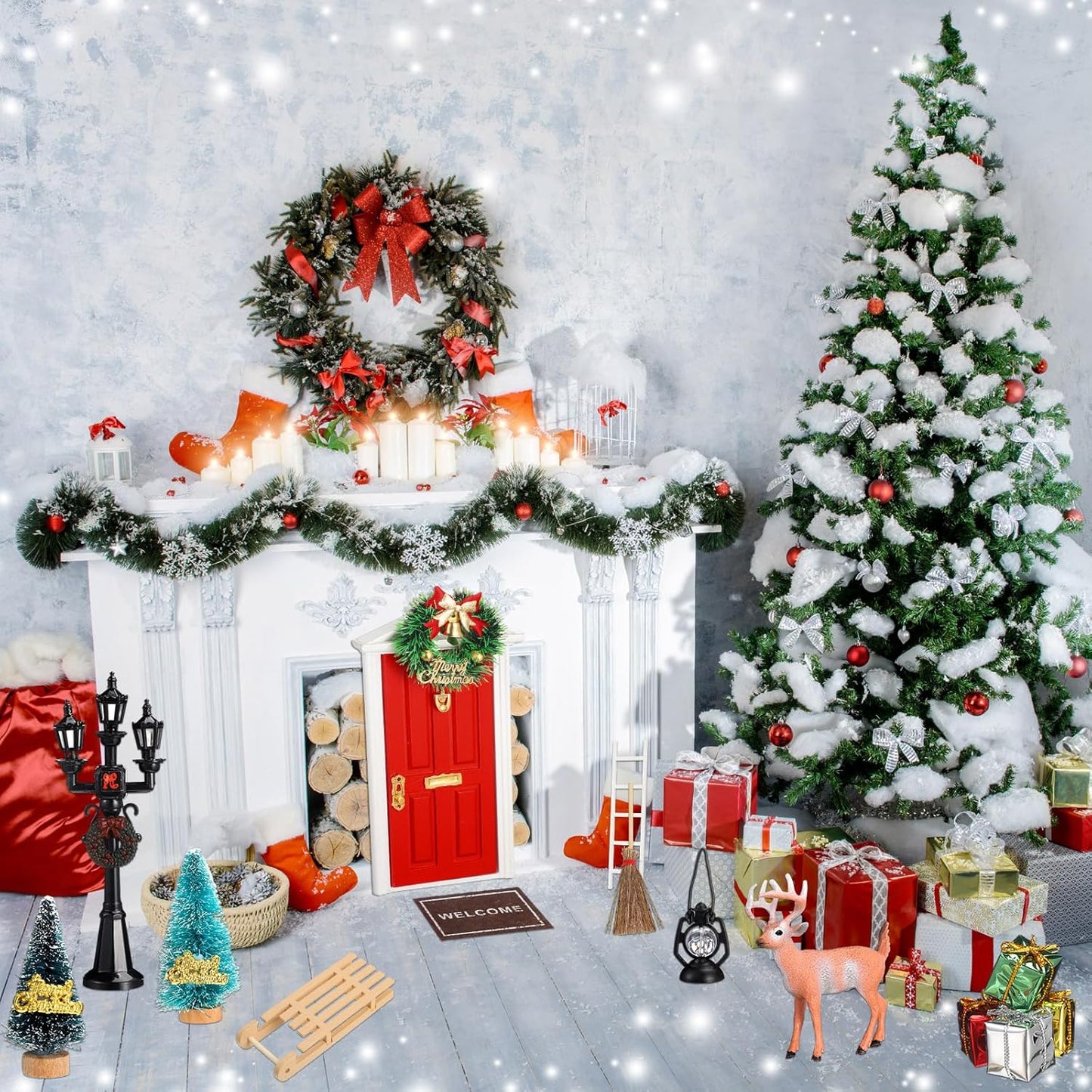 Shappy 39 Pcs Christmas Fairy Door Kit Wooden Elf Fairy Doors Decorations with Accessories Mini Door Tiny Miniature for Christmas Tale DIY Craft Garden Home Party Decoration(Red)